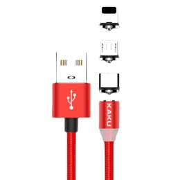 Kabel magnetyczny 3w1 (USB Typ C + Lightning + Micro USB) 3A 1m KAKU Magnetic Charging Cable (KSC-320) czerwony