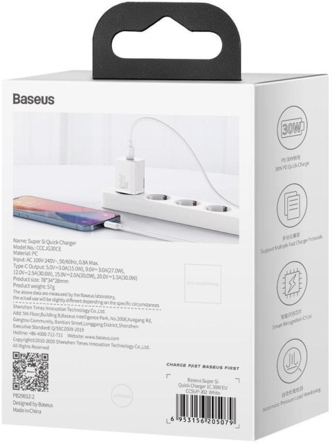 ŁADOWARKA SIECIOWA Baseus Super Si Quick Charger 1C CCSUP-J02 30W 1x USB-C PD 3.0 QC 3.0 BIAŁA