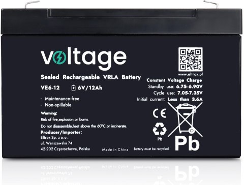 Akumulator AGM Voltage 6V 12Ah VE6-12 (Żywotność 6-9 lat)