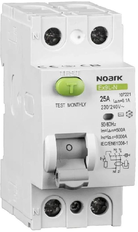 WYŁĄCZNIK RÓŻNICOWOPRĄDOWY, 6 KA, 40A, 30MA, 2P TYP AC EX9L-N Noark 108315