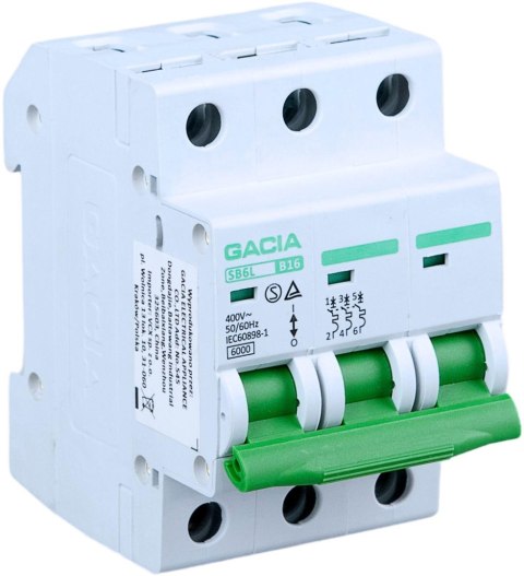Wyłącznik nadmiarowoprądowy,6kA,B,3-pola,20A GACIA SB6L B 3P 20A