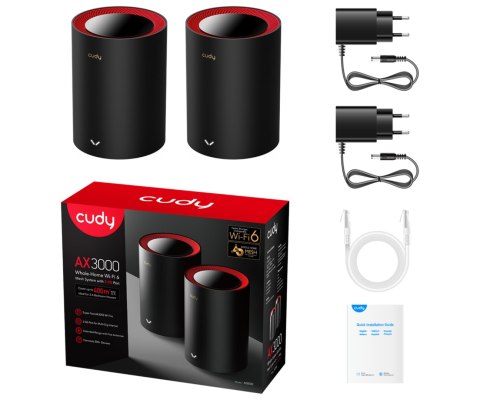 DOMOWY SYSTEM WI-FI MESH M3000(2-PACK)-BLACK Wi-Fi 6 2.4 GHz, 5 GHz, 574 Mb/s + 2402 Mb/s CUDY