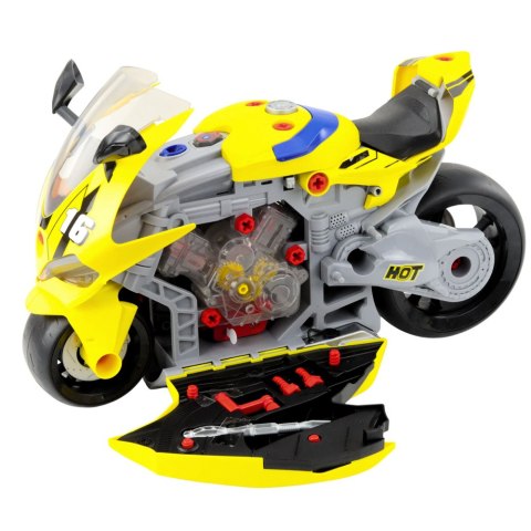 Motocykl Do Rozkręcania 2w1 DIY Warsztat Światła Dźwięki Dym Żółty 43cm