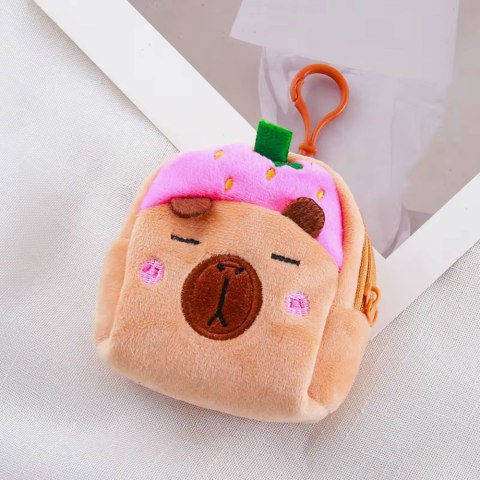Portfelik Pluszowy Z Brelokiem Kapibara Truskawka Różowa 9,5 x 8 cm