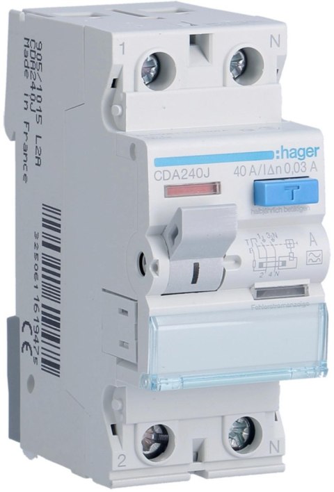 HAGER RCCB Wyłącznik różnicowoprądowy 1P+N 40A 30mA 6kA A CDA240J