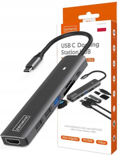 HUB ADAPTER USB-C 7w1 HDMI 4K USB 3.0 SD PD Zenwire BS-HC703