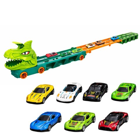 Ciężarówka Dinozaur z Resorakami Tor Dla Autek Transporter Wyrzutnia 4w1