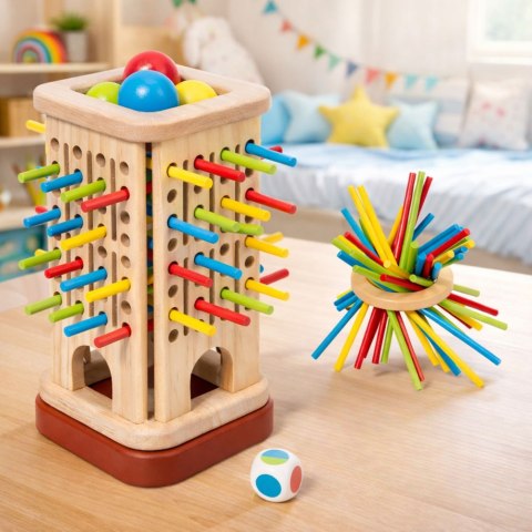Drewniana Gra Zręcznościowa Edukacyjna Wieża Patyczki Kulki Kostka 37 el.