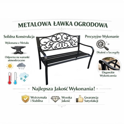Ławka Ogrodowa Taras Ogród Park Metalowa Oparcie Zdobiona Czarna 127 cm