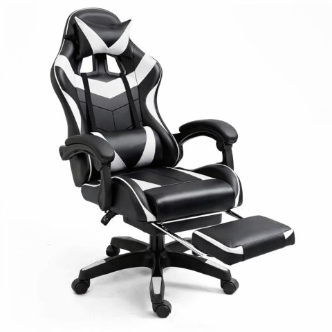 Fotel Gamingowy LEAN Obrotowy Biurowy Z Podnóżkiem Poduszki Czarno-Biały