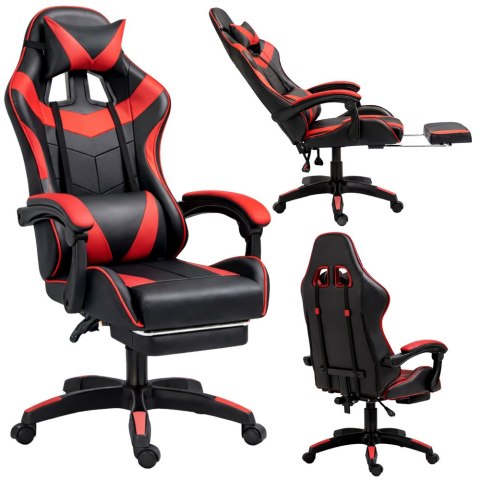 Fotel Gamingowy LEAN Obrotowy Biurowy Z Podnóżkiem Poduszki Czarno-Czerwony