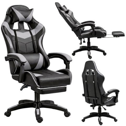 Fotel Gamingowy LEAN Obrotowy Biurowy Z Podnóżkiem Poduszki Czarno-Szary