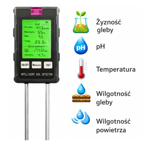 Miernik Wilgotności Roślin Higrometr Gleby 6W1 Temperatura Światło PH