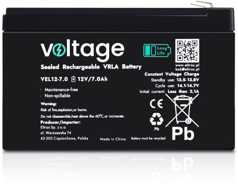 Akumulator AGM Voltage Long Life 12V 7Ah VEL12-7.0 (Żywotność 15 lat)