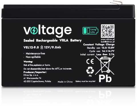 Akumulator AGM Voltage Long Life 12V 9Ah VEL12-9.0 (Żywotność 15 lat)