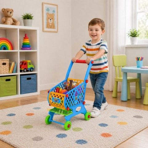 Duży Wózek Sklepowy Dla Dzieci Produkty Spożywcze Niebieski 52cm 46 el.