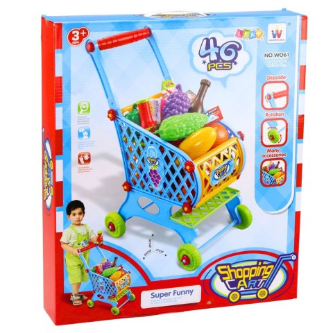 Duży Wózek Sklepowy Dla Dzieci Produkty Spożywcze Niebieski 52cm 46 el.