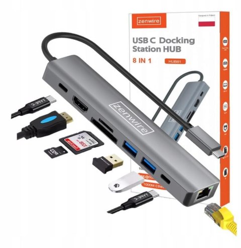HUB USB-C Przejściówka ADAPTER 8w1 HDMI 2.0 4K 60 Hz Gigabit Ethernet 1000 Mbps Zenwire HUB81