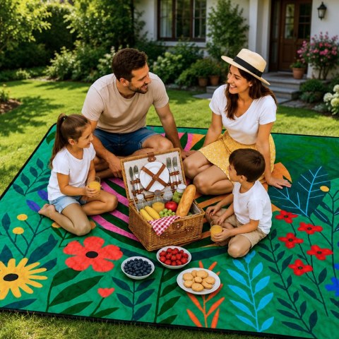 Koc Piknikowy Plażowy Turystyczny Mata Rośliny Kolorowa 100x150 cm