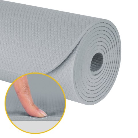 Mata gimnastyczna do ćwiczeń joga, pilates, fitness, 183x61cm, grubość 4mm, materiał TPE, szara, REBEL ACTIVE