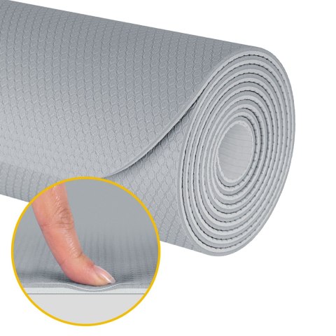 Mata gimnastyczna do ćwiczeń joga, pilates, fitness, 183x61cm, grubość 4mm, materiał TPE, szara, REBEL ACTIVE
