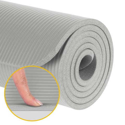 Mata gimnastyczna do ćwiczeń joga, pilates, fitness, 183x61cm, grubość 1cm, materiał NBR, szara, REBEL ACTIVE