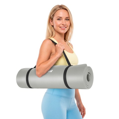 Mata gimnastyczna do ćwiczeń joga, pilates, fitness, 183x61cm, grubość 1cm, materiał NBR, szara, REBEL ACTIVE