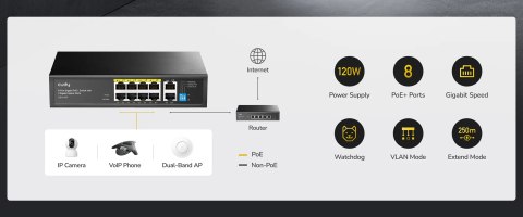SWITCH POE GS1010P 8-PORTOWY + 2X UPLINK CUDY