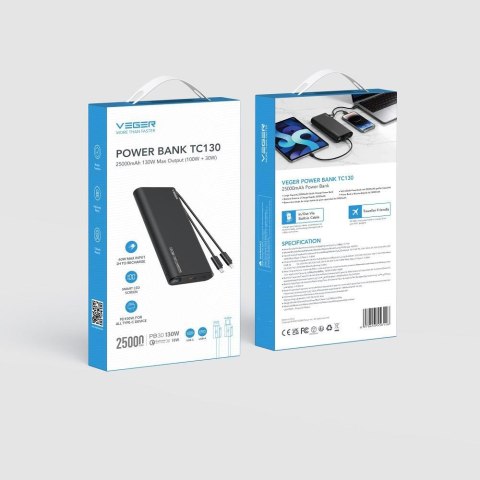 Powerbank Veger 25000 mAh 130 W PD QC 3.0 USB-A USB-C czarny z kablami USB-C i Lightning