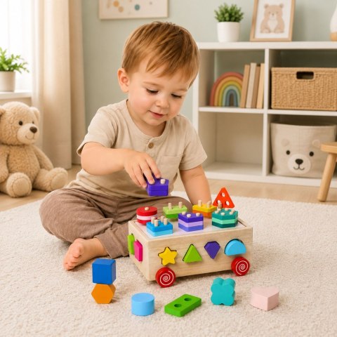 Drewniany Sorter Edukacyjny Na Kółkach Montessori Układanka Kształty Liczby