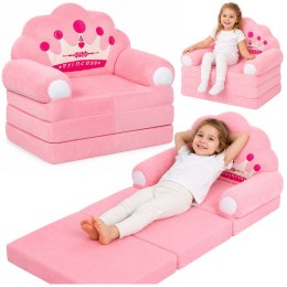 Rozkładany Fotel Sofa Leżanka z Koroną 2W1 Dla Dzieci Miękki Różowy