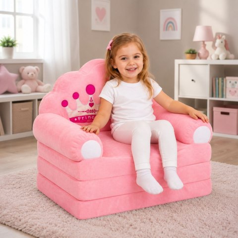 Rozkładany Fotel Sofa Leżanka z Koroną 2W1 Dla Dzieci Miękki Różowy