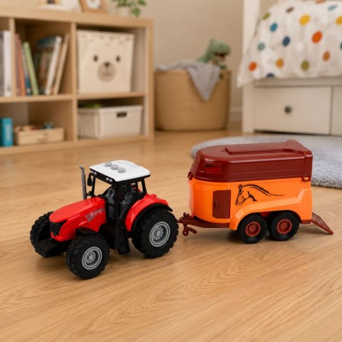 Traktor z Przyczepą Do Transportu Konia Figurka Światła Dźwięki 3 el.