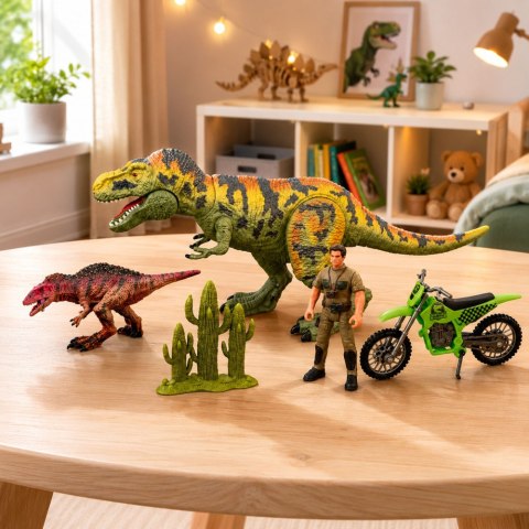 Zestaw Dinozaur T-Rex Ruchomy Myśliwy Motor Figurki Akcesoria Dźwięki