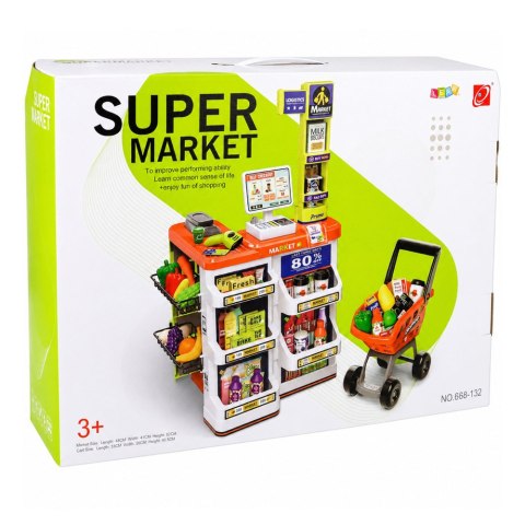 Duży Supermarket Kasa Sklepowa Wózek Skaner Akcesoria Światła Dźwięki 60el.
