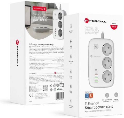 Listwa sieciowa Forcell F-Energy 3x schuko, USB-C 30W, 3x USB-A QC3.0 PD WiFi Tuya 2500W 10A