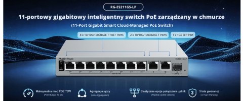 SWITCH POE RG-ES211GS-LP 8-PORTOWY + 2X UPLINK + 1X SFP REYEE