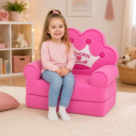 Rozkładany Fotel Sofa Leżanka z Koroną 2W1 Dla Dzieci Miękki Różowy