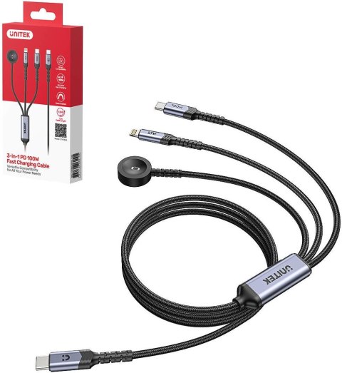 Kabel 3 w 1 Unitek 2.0 USB-C + Lightning + Apple Watch PD 100W 480 Mbps 1,2 m