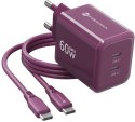 Ładowarka sieciowa Forcell F-Energy GaN III VT-60 60W PD QC 4.0+ 2x USB-C burgundowa + kabel USB-C