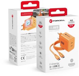 Ładowarka sieciowa Forcell F-Energy GaN III VT-60 60W PD QC 4.0+ 2x USB-C pomarańczowa + kabel USB-C